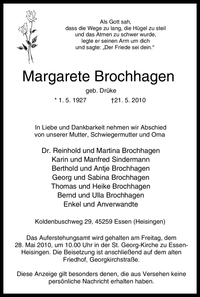  Traueranzeige für Margarete Brochhagen vom 26.05.2010 aus Tageszeitung