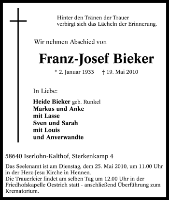 Traueranzeige von Franz-Josef Bieker von Tageszeitung