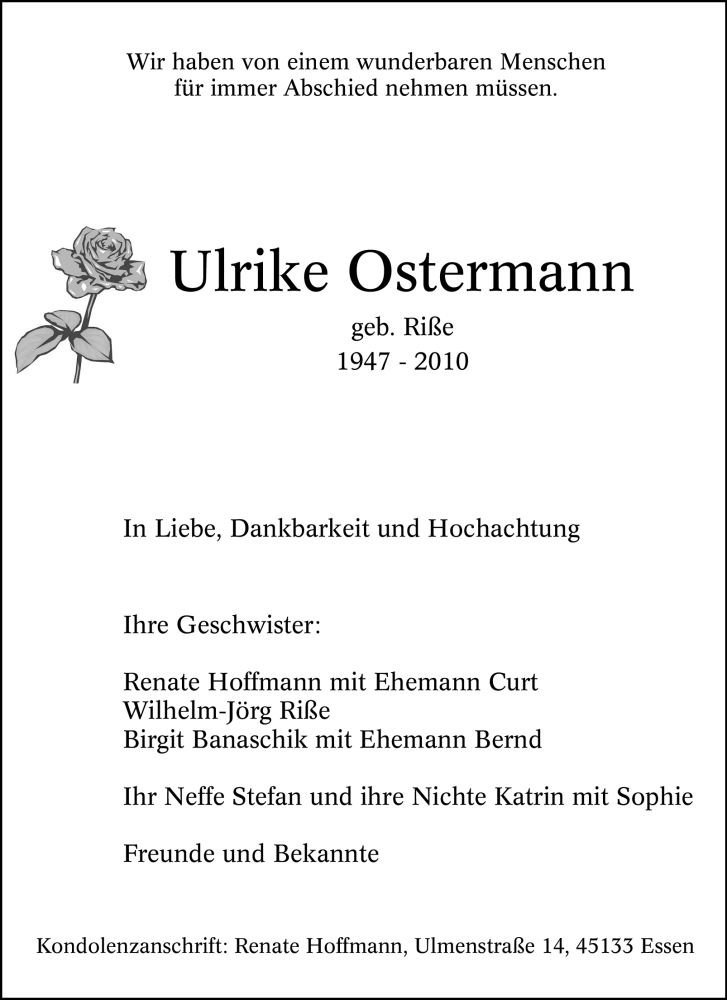 Traueranzeigen Von Ulrike Ostermann Trauer In Nrwde 2035