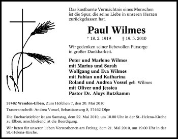 Traueranzeige von Paul Wilmes von Tageszeitung