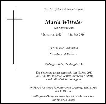 Traueranzeige von Maria Witteler von Tageszeitung
