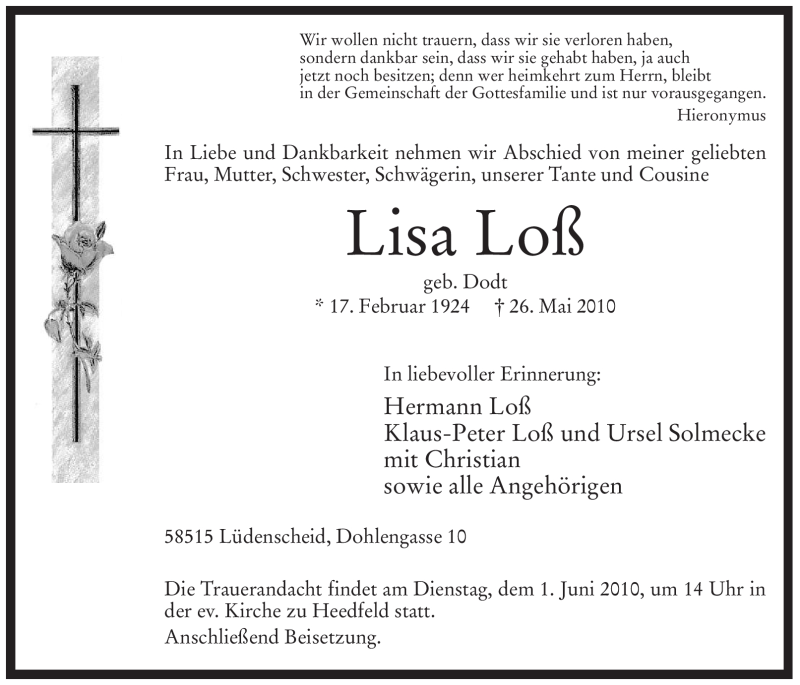  Traueranzeige für Lisa Loß vom 29.05.2010 aus Tageszeitung