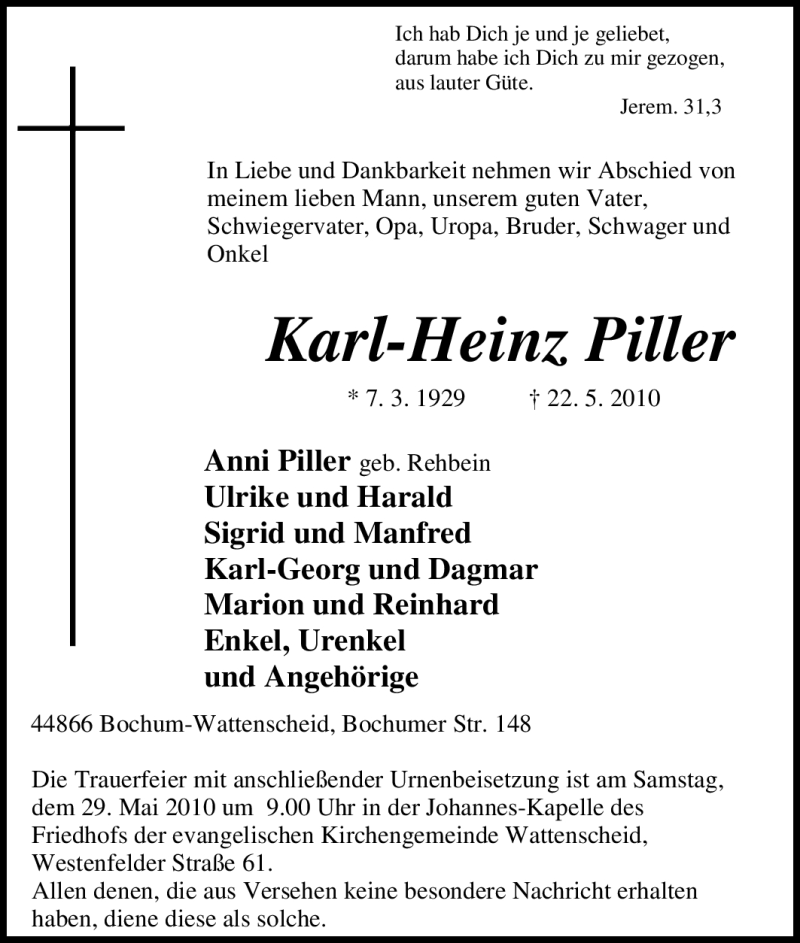  Traueranzeige für Karl-Heinz Piller vom 27.05.2010 aus Tageszeitung