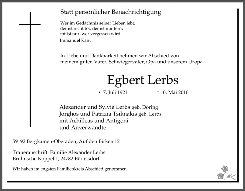  Traueranzeige für Egbert Lerbs vom 11.05.2010 aus Tageszeitung