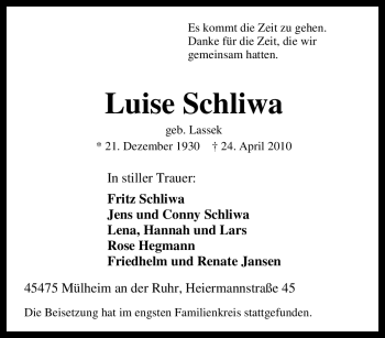 Traueranzeige von Luise Schliwa von Tageszeitung