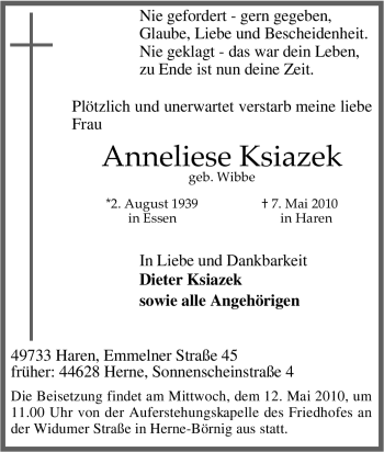 Traueranzeige von Anneliese Ksiazek von Tageszeitung