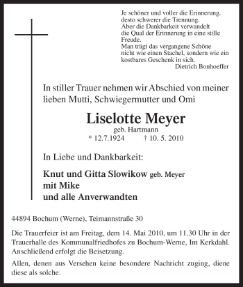 Traueranzeige von Liselotte Meyer von Tageszeitung