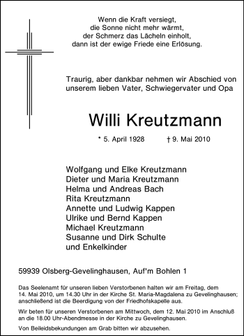Traueranzeige von Willi Kreutzmann von Tageszeitung