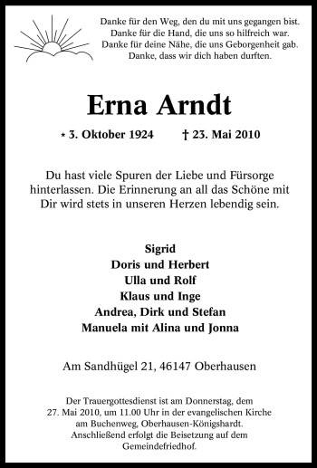 Traueranzeige von Erna Arndt von Tageszeitung