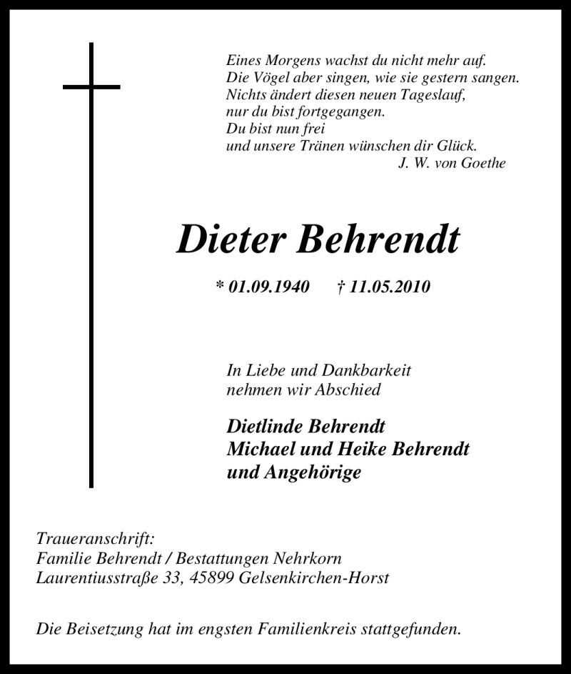  Traueranzeige für Dieter Behrendt vom 31.05.2010 aus Tageszeitung