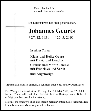 Traueranzeige von Johannes Geurts von Tageszeitung