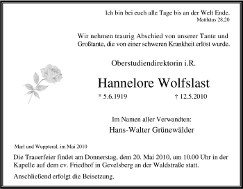 Traueranzeige von Hannelore Wolfslast von Tageszeitung