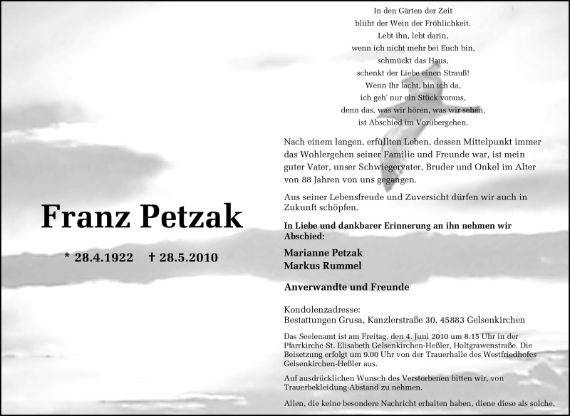  Traueranzeige für Franz Petzak vom 31.05.2010 aus Tageszeitung