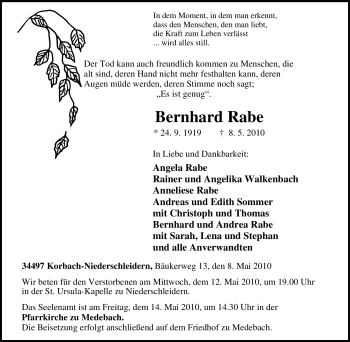 Traueranzeige von Bernhard Rabe von Tageszeitung
