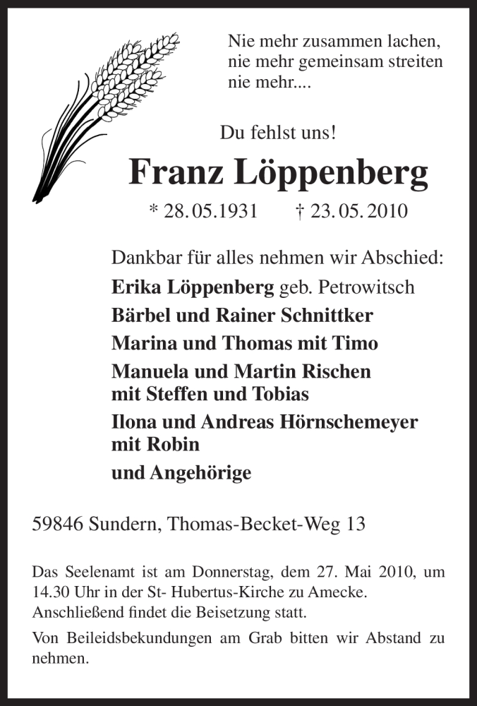  Traueranzeige für Franz Löppenberg vom 25.05.2010 aus Tageszeitung