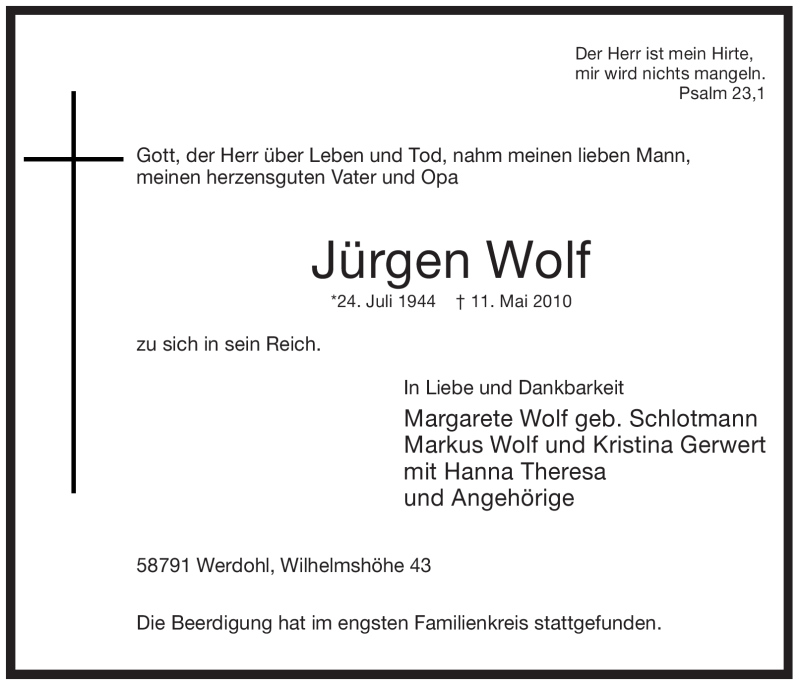  Traueranzeige für Jürgen Wolf vom 22.05.2010 aus Tageszeitung