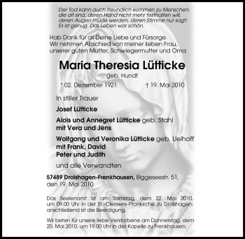 Traueranzeige von Maria Theresia Lütticke von Tageszeitung