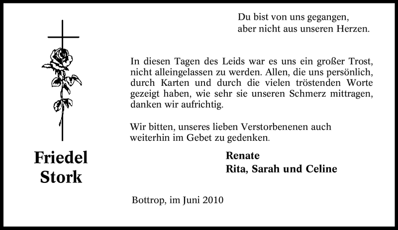  Traueranzeige für Friedel Stork vom 17.06.2010 aus Tageszeitung