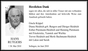 Traueranzeige von Hans Rutgers von Tageszeitung