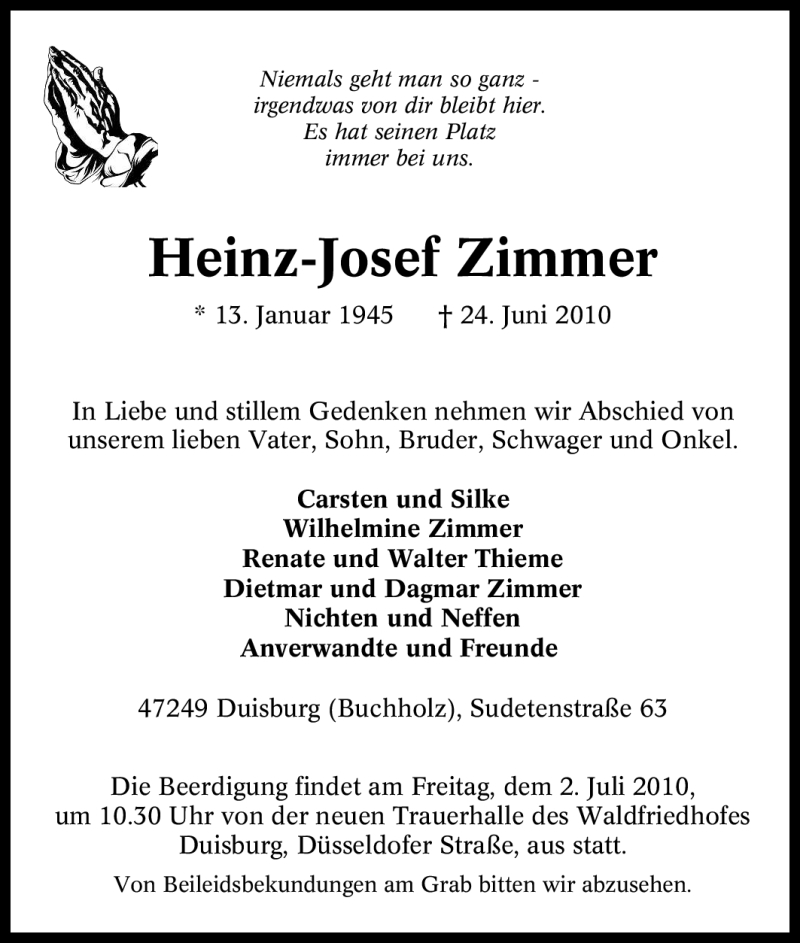  Traueranzeige für Heinz-Josef Zimmer vom 26.06.2010 aus Tageszeitung