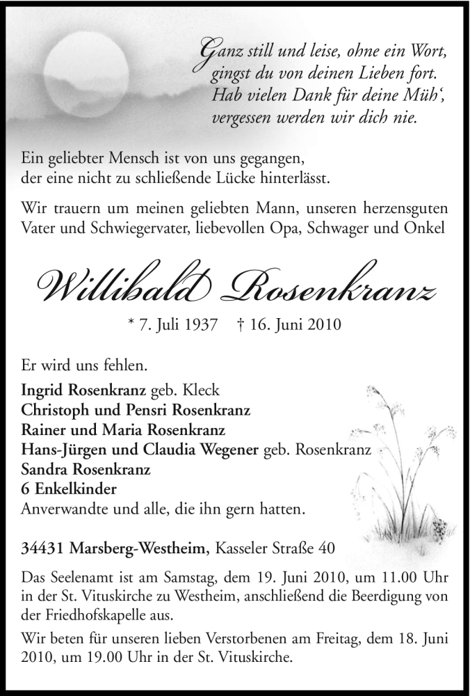  Traueranzeige für Willibald Rosenkranz vom 17.06.2010 aus Tageszeitung