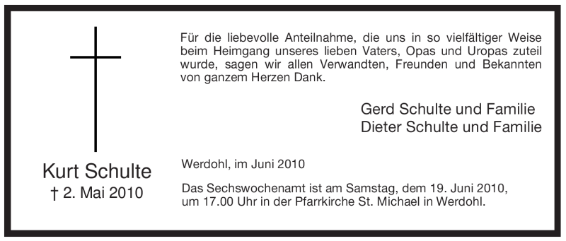  Traueranzeige für Kurt Schulte vom 12.06.2010 aus Tageszeitung