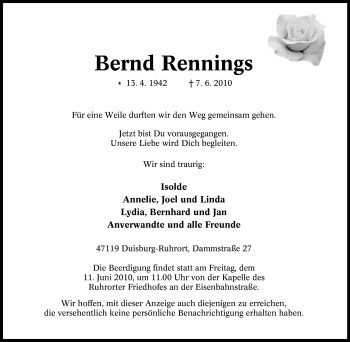 Traueranzeige von Bernd Rennings von Tageszeitung