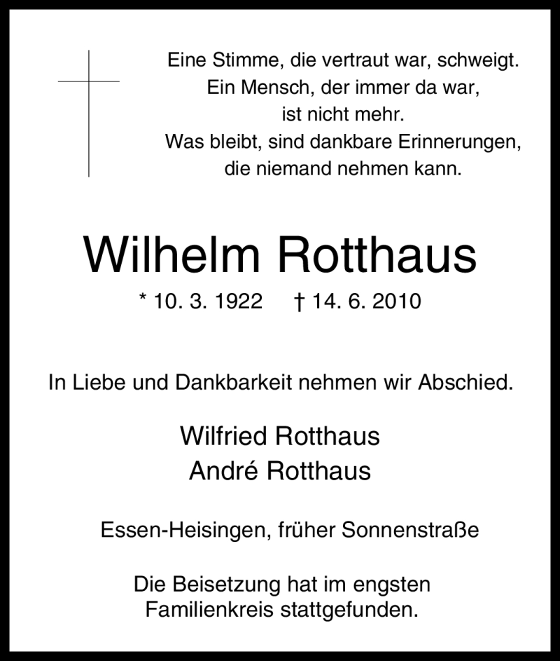  Traueranzeige für Wilhelm Rotthaus vom 24.06.2010 aus Tageszeitung