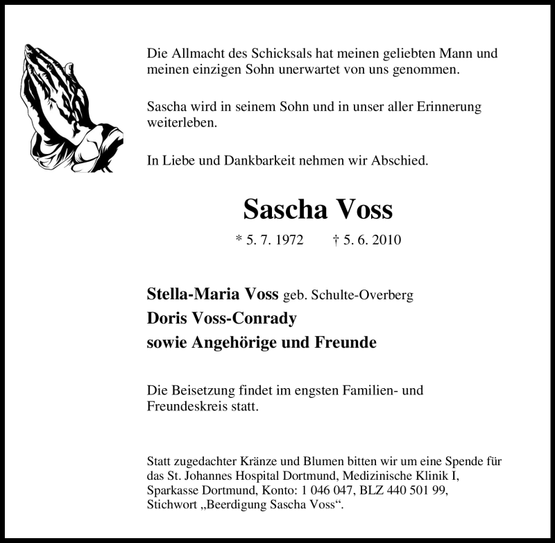  Traueranzeige für Sascha Voss vom 11.06.2010 aus Tageszeitung