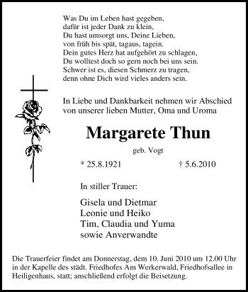 Traueranzeige von Margarete Thun von Tageszeitung
