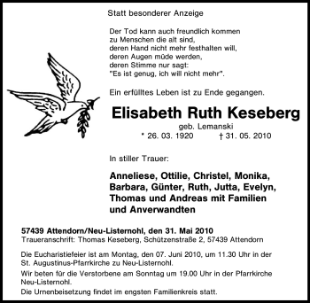 Traueranzeige von Elisabeth Ruth Keseberg von Tageszeitung