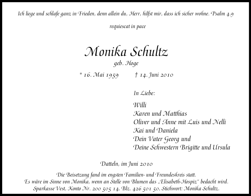  Traueranzeige für Monika Schultz vom 24.06.2010 aus Tageszeitung