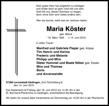 Traueranzeige von Maria Köster von Tageszeitung