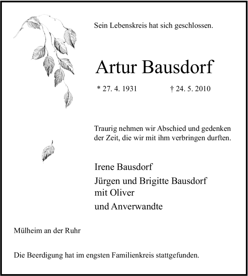  Traueranzeige für Artur Bausdorf vom 05.06.2010 aus Tageszeitung