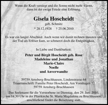 Traueranzeige von Gisela Hoscheidt von Tageszeitung