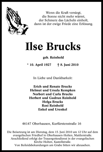 Traueranzeige von Ilse Brucks von Tageszeitung