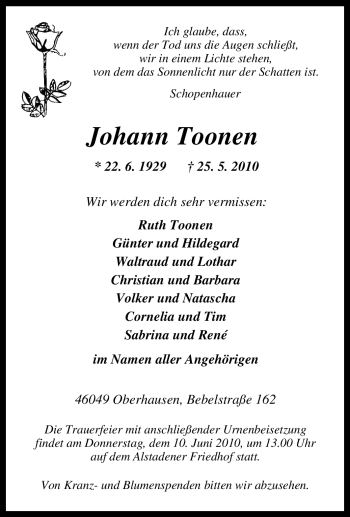 Traueranzeige von Johann Toonen von Tageszeitung