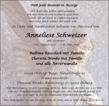 Traueranzeige von Anneliese Schweizer von Tageszeitung