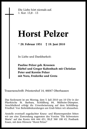 Traueranzeige von Horst Pelzer von Tageszeitung