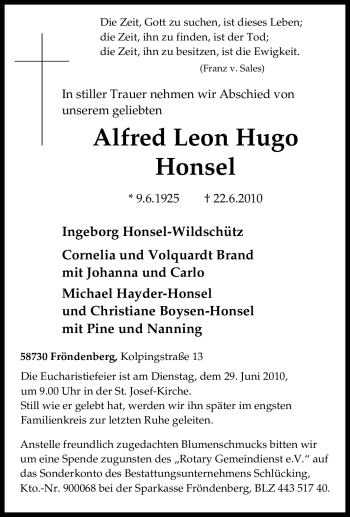 Traueranzeige von Alfred Leon Hugo Honsel von Tageszeitung