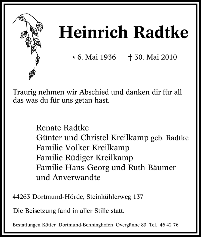  Traueranzeige für Heinrich Radtke vom 05.06.2010 aus Tageszeitung