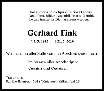 Traueranzeige von Gerhard Fink von Tageszeitung