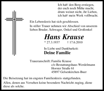 Traueranzeige von Hans Krause von Tageszeitung