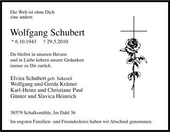 Traueranzeige von Wolfgang Schubert von Tageszeitung