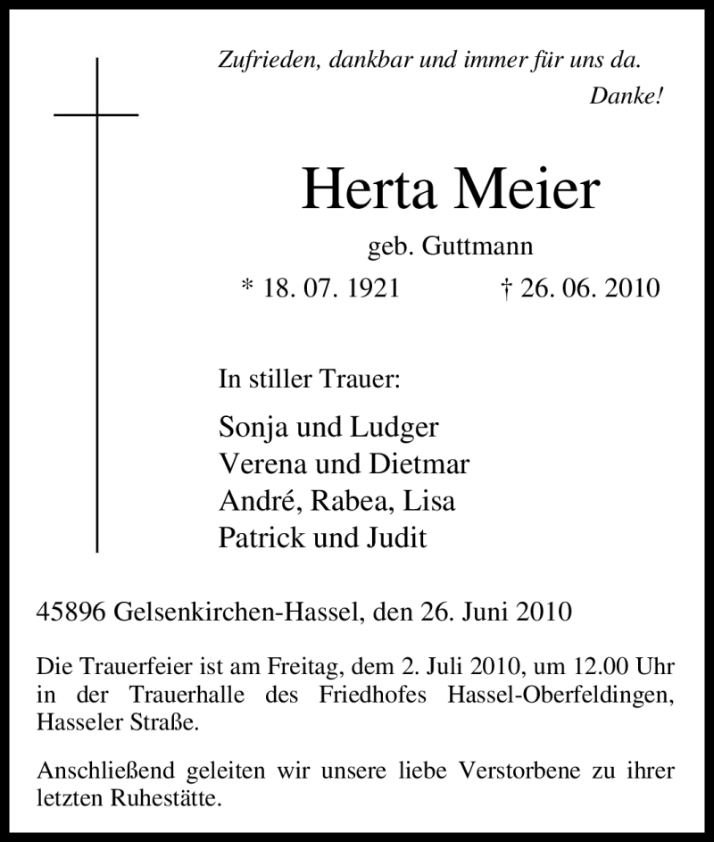  Traueranzeige für Herta Meier vom 29.06.2010 aus Tageszeitung