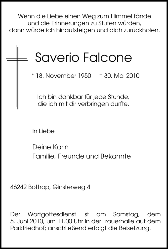  Traueranzeige für Saverio Falcone vom 01.06.2010 aus Tageszeitung