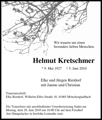 Traueranzeige von Helmut Kretschmer von Tageszeitung