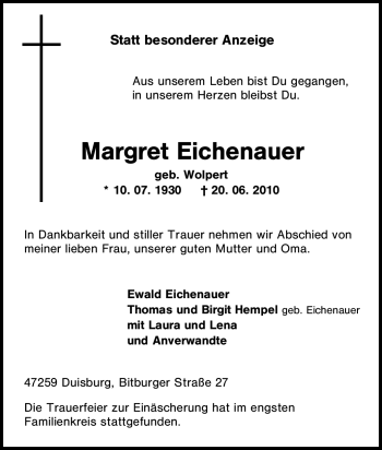 Traueranzeige von Margret Eichenauer von Tageszeitung