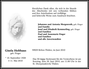 Traueranzeige von Gisela Holthaus von Tageszeitung