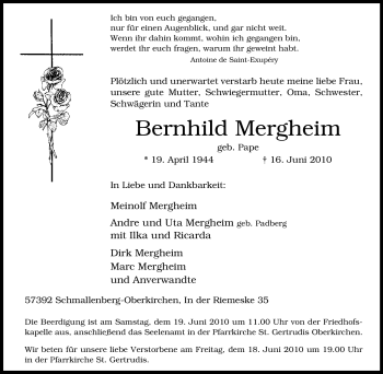 Traueranzeige von Bernhild Mergheim von Tageszeitung